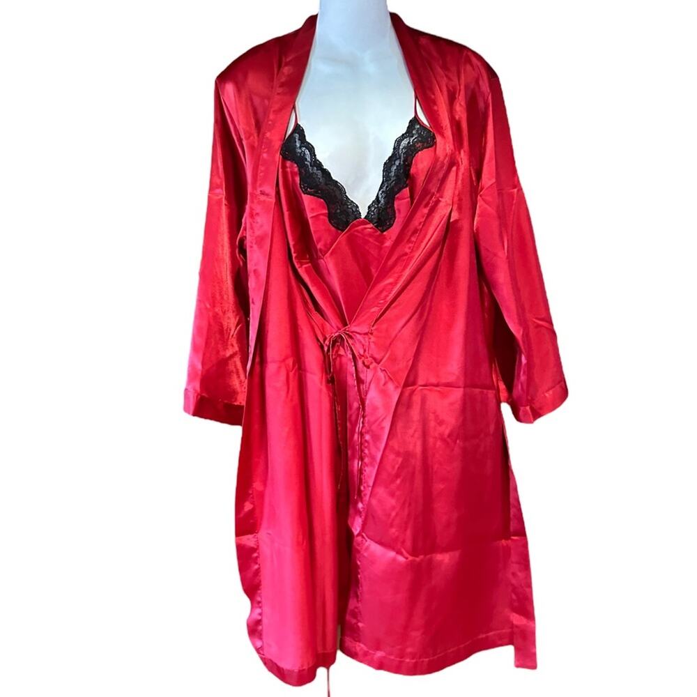 Ambrielle Womens Medium Red Satin Negligée 2 Piece Set Gown & Robe - Picture 8 of 13